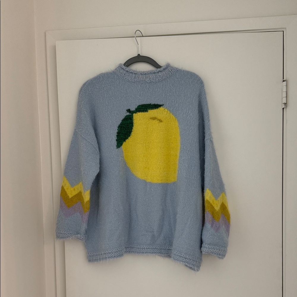 Free People Blue Sweater with Lemon Motif
